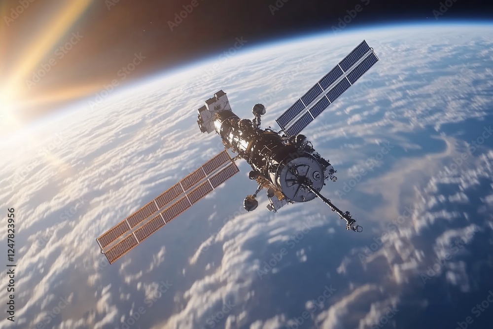Obraz premium Satellite orbiting Earth, sunrise, clouds. Space exploration imagery.
