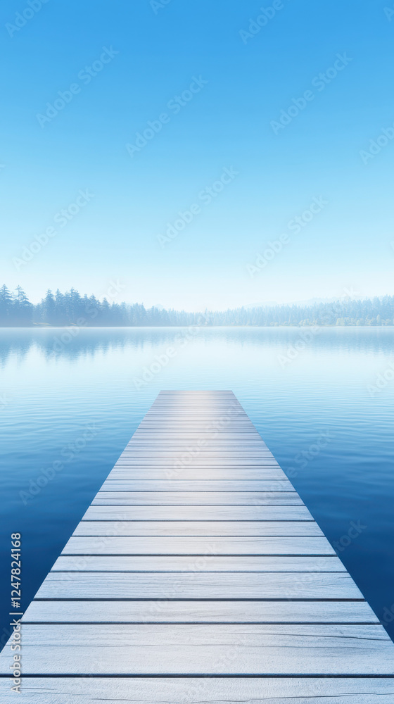 Naklejka premium serene wooden pier extends over calm lake under clear blue sky