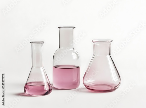 Handmade glass beakers and flasks with pink liquid on a white background, laboratory equipment for scientific research or medical lab in close-up, space 