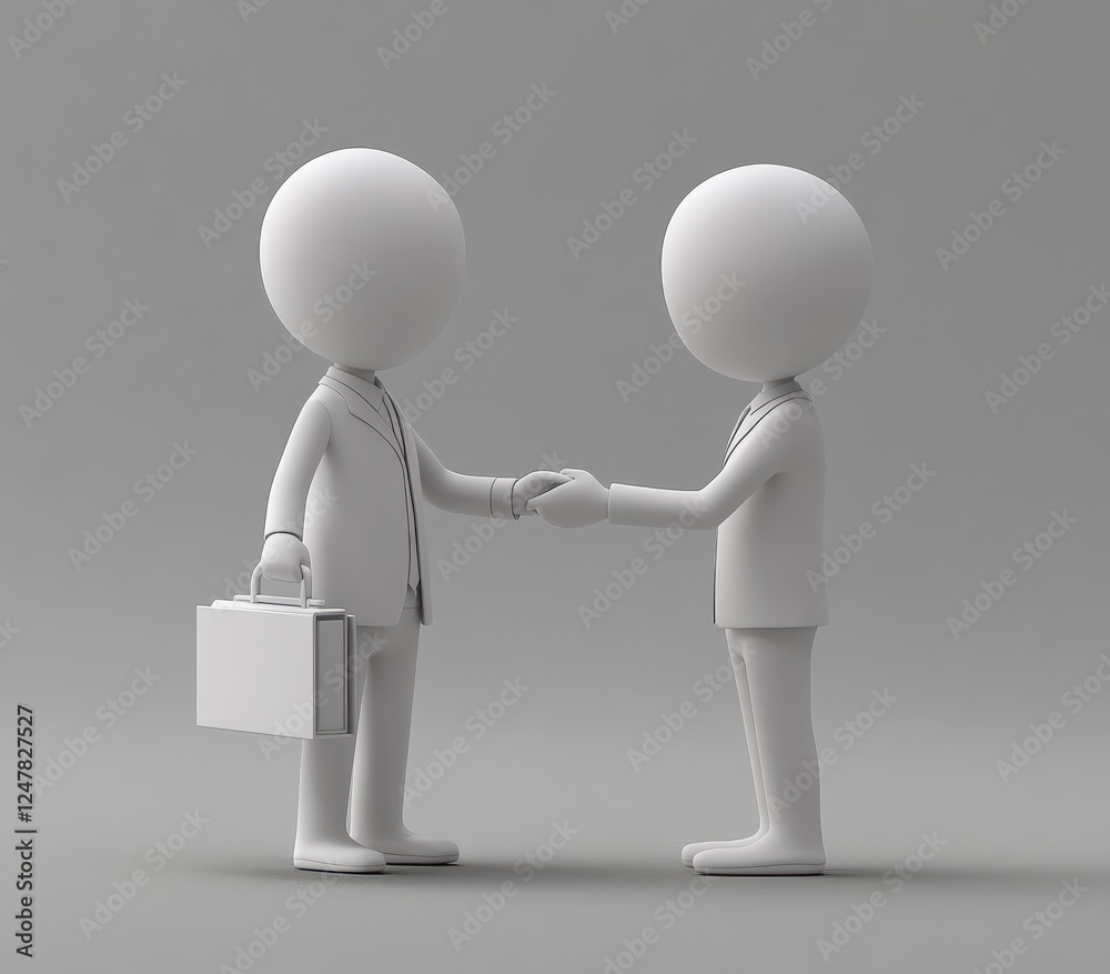 3D rendering of a businessman in a suit holding a briefcase, shaking hands with another person on his right. Isolated professional handshake concept on a solid background. 3D rendering of a businessman in a suit holding a briefcase, shaking hands with another person on his right. Isolated professional handshake concept on a solid background.