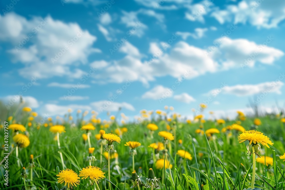 Feld of yellow dandelions and blue sky with clouds, spring landscape Feld of yellow dandelions and blue sky with clouds, spring landscape