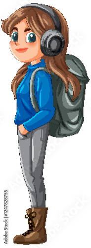 Girl with Headphones and Backpack