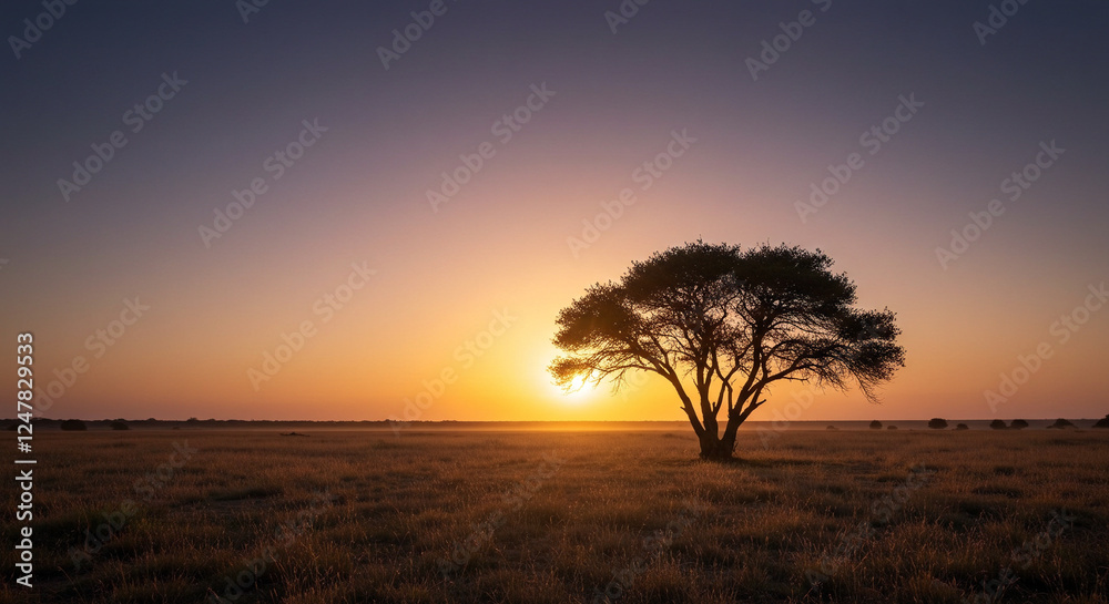 Sunrise Behind Lone Tree on Open Plain Sunrise Behind Lone Tree on Open Plain
