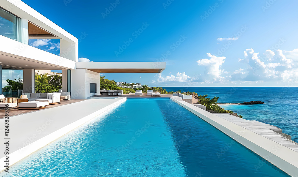 Fototapeta premium Pristine White-Tiled Pool with Sparkling Ocean Views, Creating a Serene and Luxurious Outdoor Escape