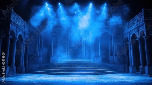 Mystical Stage with Blue Lighting and Smoke Effects for Theatre Performance