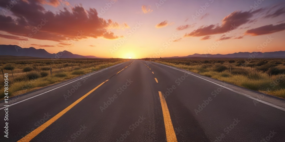 Empty asphalt road stretching into the horizon at sunset , road, sunset, space Empty asphalt road stretching into the horizon at sunset , road, sunset, space