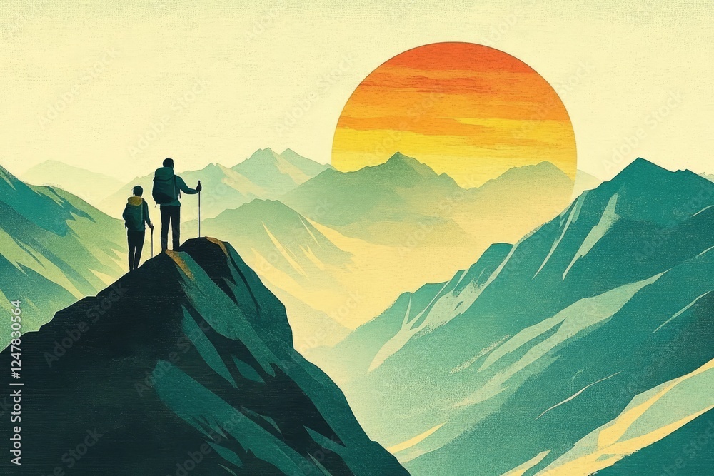 Hiking in mountains landscape at sunset or sunrise, yellow and green vintage illustration, vector art, dramatic colors, vintage travel poster, Valentine's Day banner, adventure concept Hiking in mountains landscape at sunset or sunrise, yellow and green vintage illustration, vector art, dramatic colors, vintage travel poster, Valentine's Day banner, adventure concept