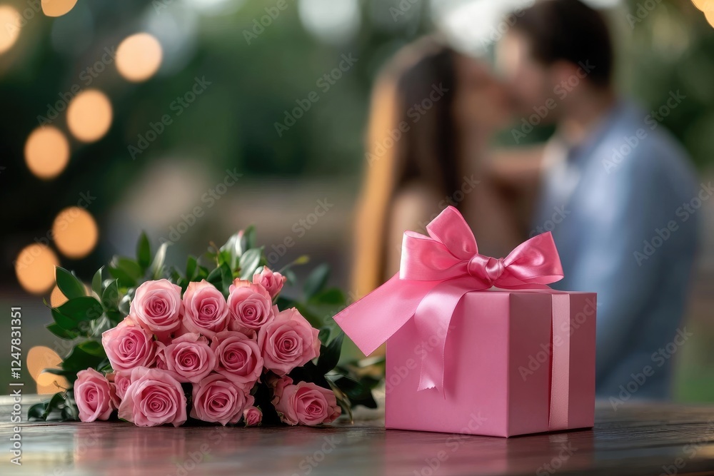 Obraz premium Pink gift box with bow beside bouquet of pink roses on wooden table, blurred background of couple kissing, Valentine's Day love concept, banner or poster