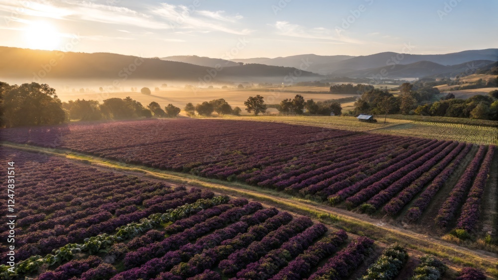 Obraz premium Majestic Purple Eggplant Field: Aerial View of Vibrant Autumn Harvest