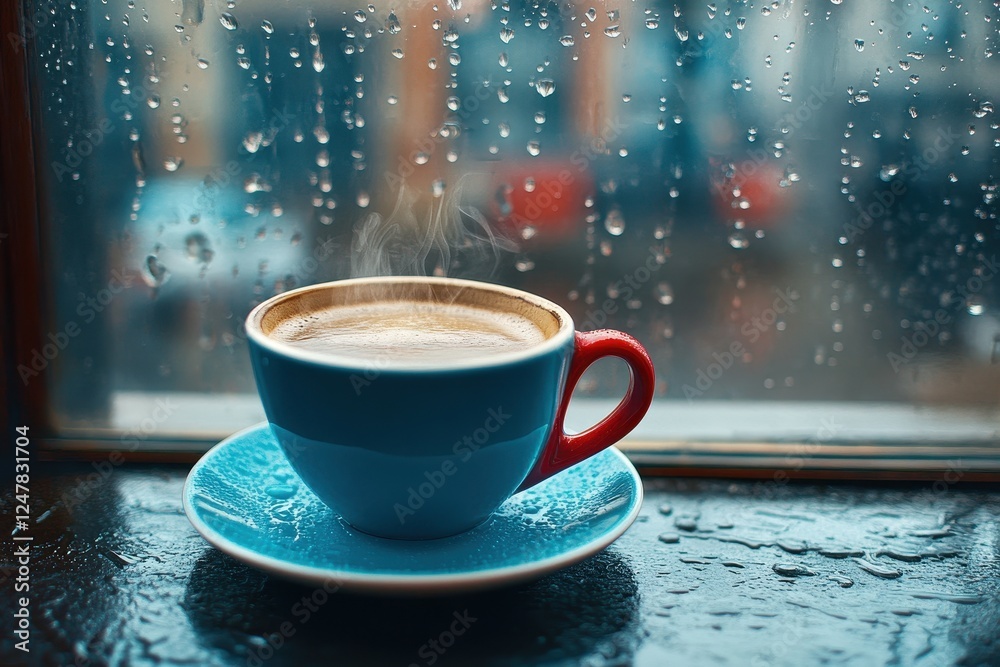 Obraz premium A steaming cup of coffee in a blue mug with a red handle sits on a saucer. Perfect for blogs, websites, or social media, evokes cozy feelings on rainy days.