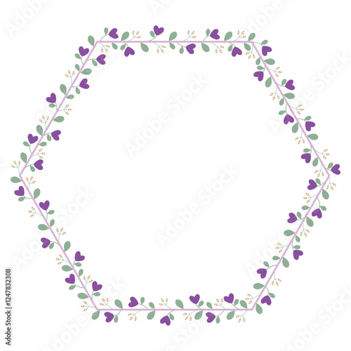 Beautiful Hexagonal Border Frame With Green Leaves And Love Purple Flowers