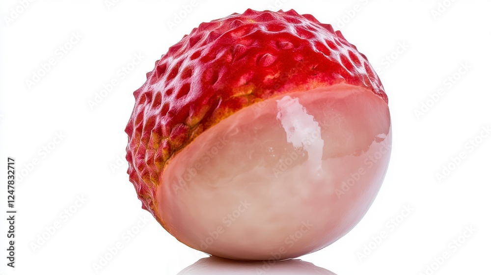 Close Up Of A Partially Peeled Lychee Fruit On White Background