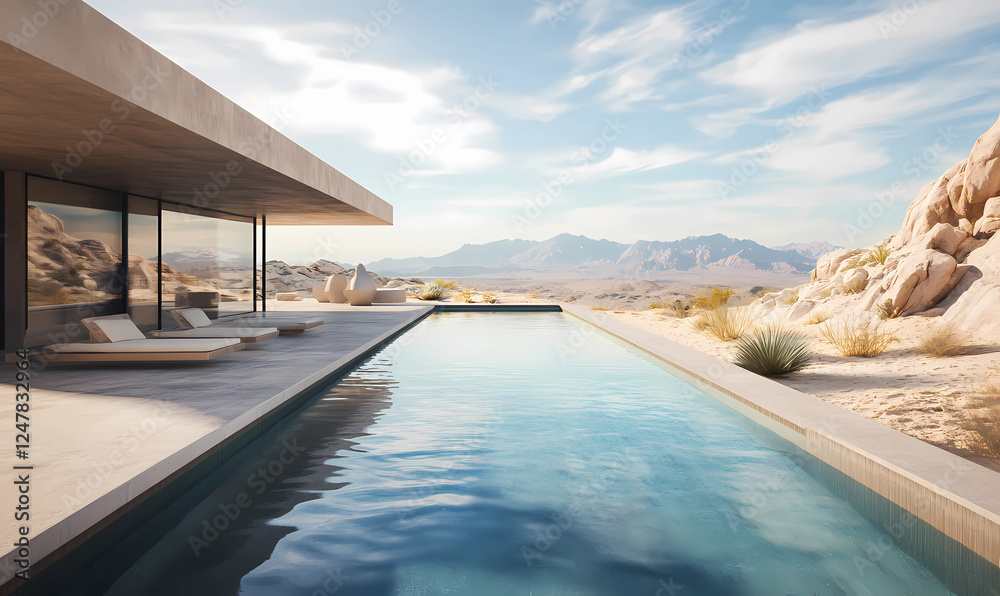 Fototapeta premium Sleek Modern Pool with Crystal-Clear Water, Surrounded by Contemporary Design for a Luxurious Outdoor Escape