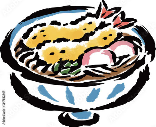 天ぷらうどん　筆タッチ手描きイラスト
