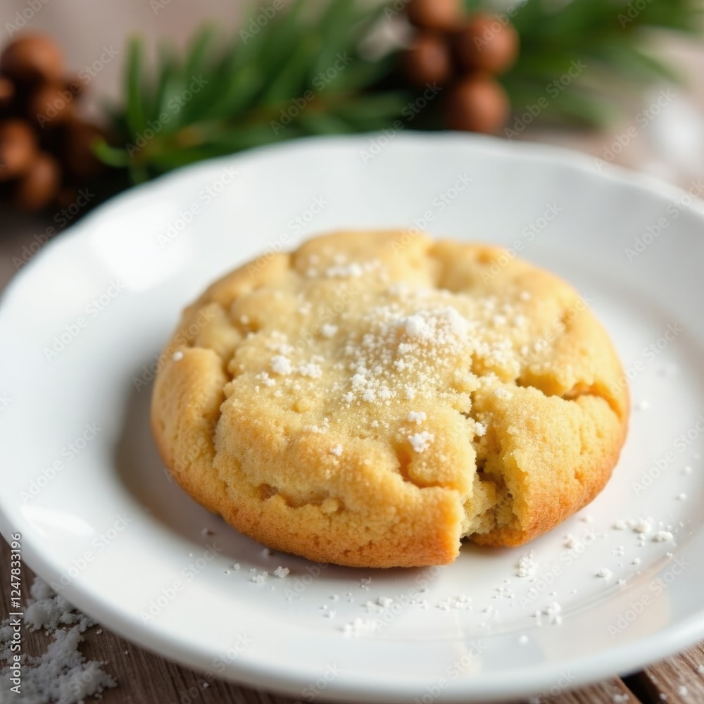 Crunchy sugar cookie sits atop a snowy white plate, holiday, edible Crunchy sugar cookie sits atop a snowy white plate, holiday, edible