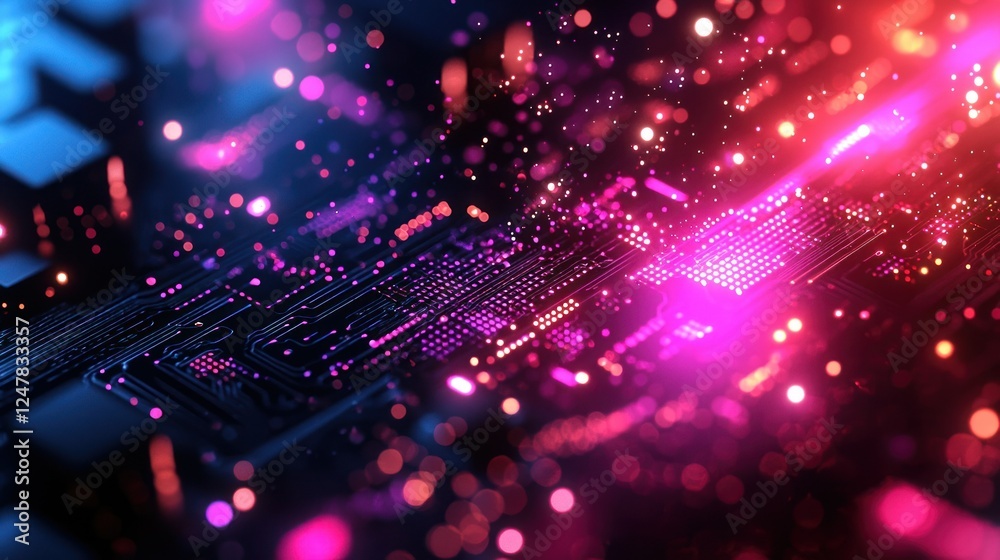 Fototapeta premium Futuristic Circuit Board, Data Flow, Neon Lights, Abstract Background, Tech Concept