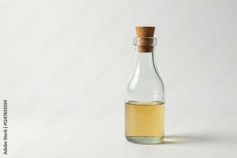 Glass bottle with tightly sealed cork resting on a white surface, isolated, background, cork Glass bottle with tightly sealed cork resting on a white surface, isolated, background, cork