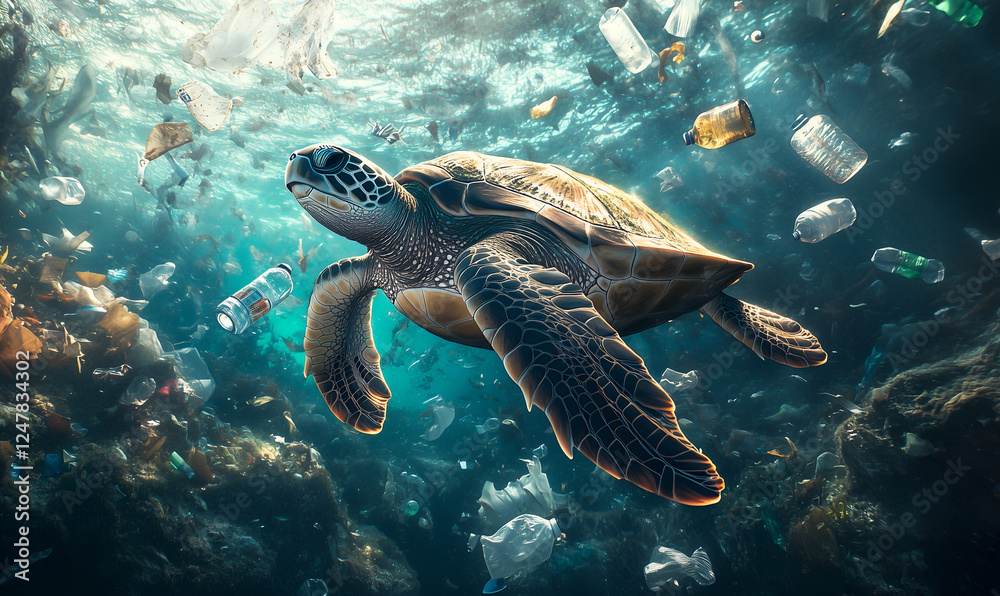 Naklejka premium sea turtle swimming through an ocean full of plastic waste.
