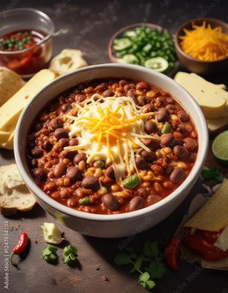 Hearty bowl of chili with a generous helping of beans and melted cheese , wholesome, comfort food Hearty bowl of chili with a generous helping of beans and melted cheese , wholesome, comfort food