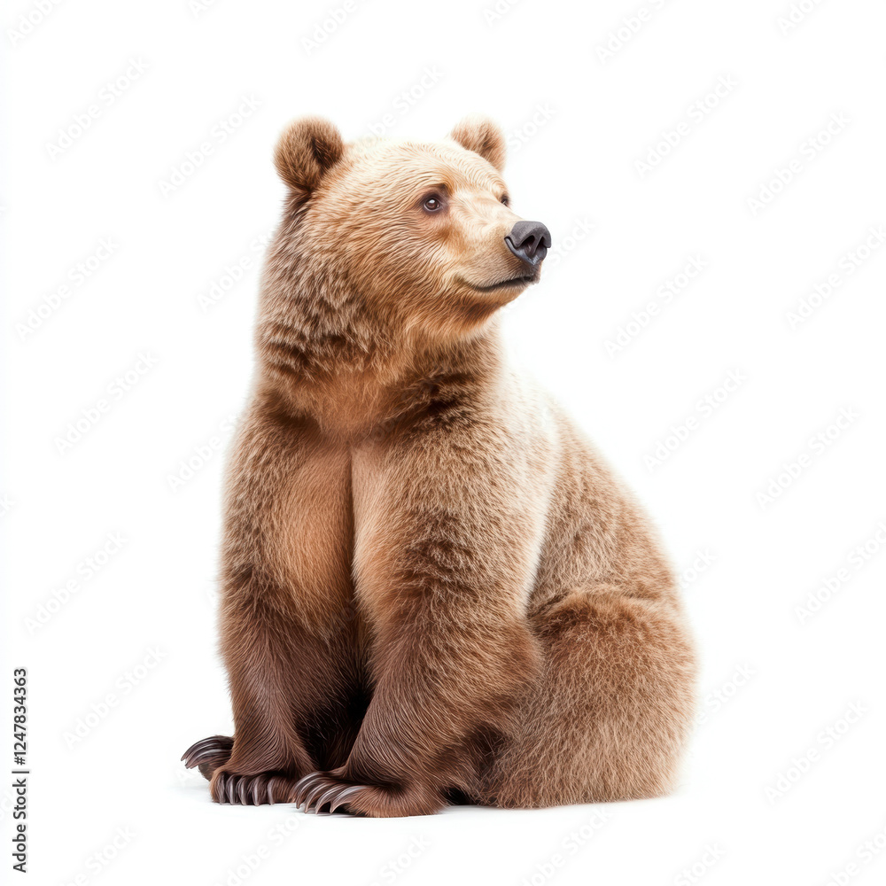 Fototapeta premium Adorable Sitting Bear with Fluffy Fur Against a White Background in a Studio Setting