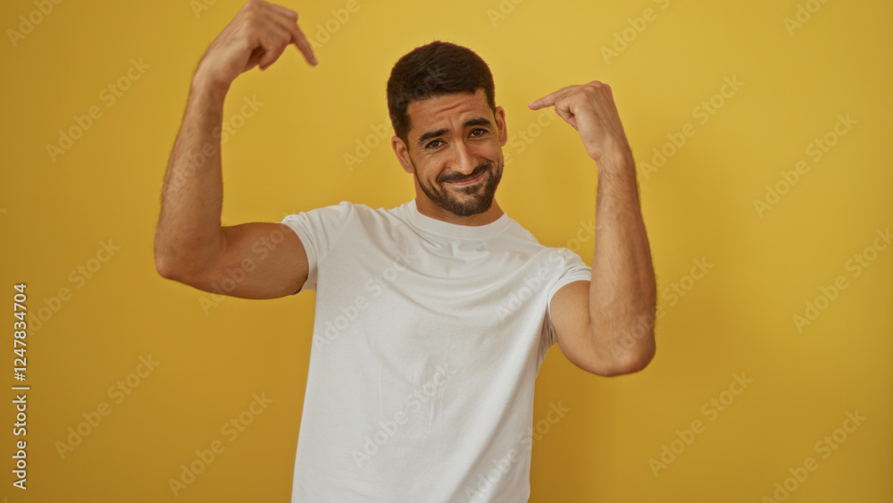 Fototapeta premium Handsome hispanic man smiling confidently over yellow background pointing at himself with a playful attitude.