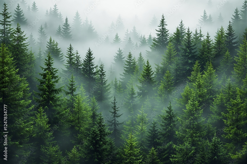 Dense evergreen forest with mist covering the treetops, creating a serene and mysterious atmosphere. Nature landscape with a peaceful concept. Ai generative Dense evergreen forest with mist covering the treetops, creating a serene and mysterious atmosphere. Nature landscape with a peaceful concept. Ai generative