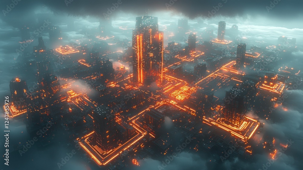 Obraz premium Futuristic city, aerial view, glowing structures, cloud cover, sci-fi concept art