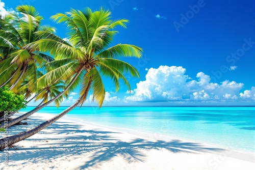 Fototapeta Naklejka Na Ścianę i Meble -  A tropical beach with leaning palm trees, white sand, and turquoise water under a bright blue sky with fluffy clouds. Paradise vacation concept. Ai generative