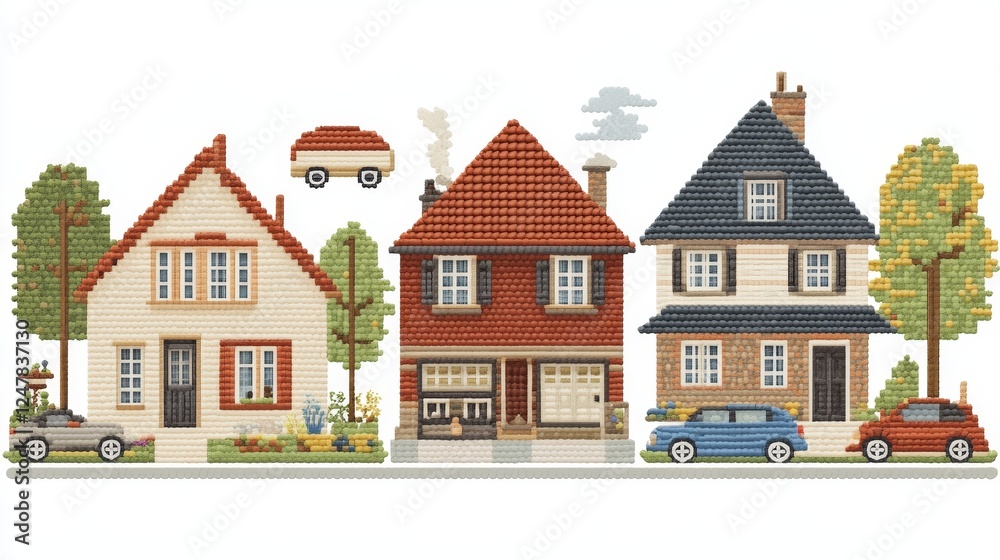 Charming Suburban Street Scene with Colorful Houses and Cars