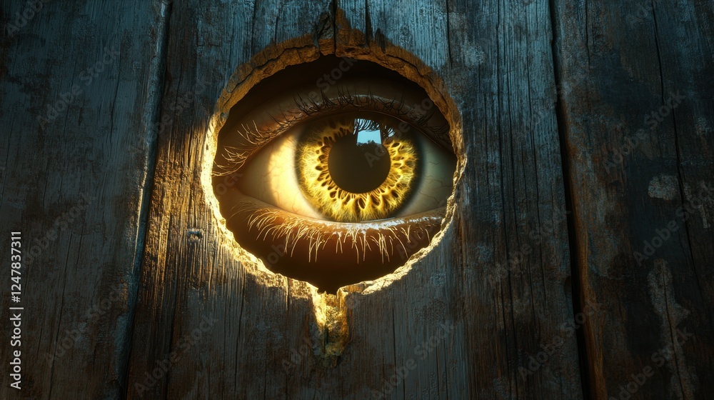 An eye, gleaming with golden light, peers intently through a weathered keyhole, symbolizing secret vision, hidden knowledge, and profound insight This evocative image represents mystery, intrigue An eye, gleaming with golden light, peers intently through a weathered keyhole, symbolizing secret vision, hidden knowledge, and profound insight This evocative image represents mystery, intrigue