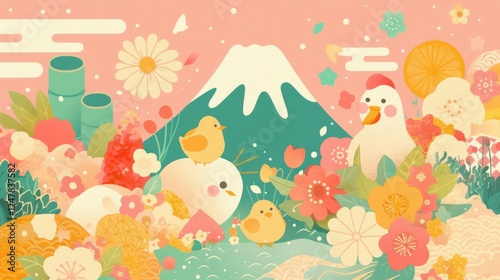 Delightful whimsical scene featuring mount fuji chickens and charming flora