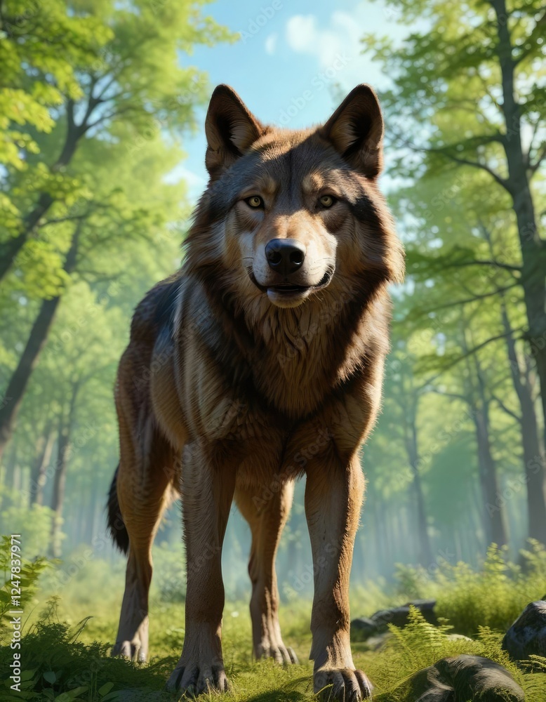 Large brown wolf in a forest with bright green trees and blue sky , wild, green Large brown wolf in a forest with bright green trees and blue sky , wild, green
