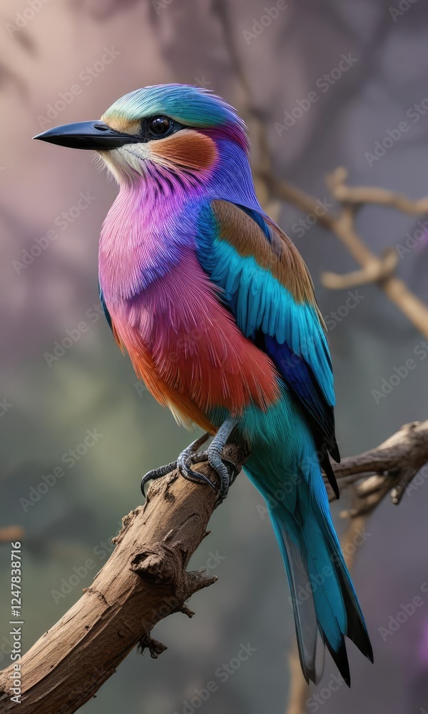 Fototapeta premium Lilac breasted roller with striking colors perched on a branch, impressive, sunny day, vivid