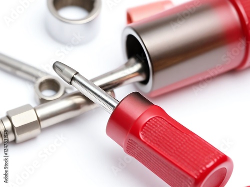 an image of a close up of a wrenet and a couple of other tools, there are two red tools laying on a white surface photo