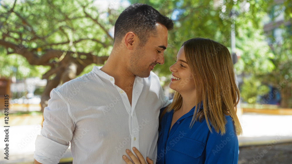 Couple smiling outdoors in a sunny city park, man and woman embracing under a tree, showing love and happiness together in an urban setting. Couple smiling outdoors in a sunny city park, man and woman embracing under a tree, showing love and happiness together in an urban setting.