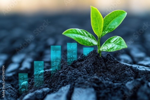 Economic Recovery Growth A Green Sapling Breaking Through Cracked Dry Earth, Symbolic of Resurgent Markets and Positive Economic Trends, Illustrated with Digital Data Bars Showing Upward Growth photo