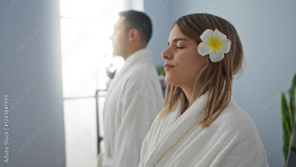 Obraz premium Woman and man enjoy peaceful relaxation in serene spa environment, embracing wellness and tranquility while wearing white robes indoors with natural light.
