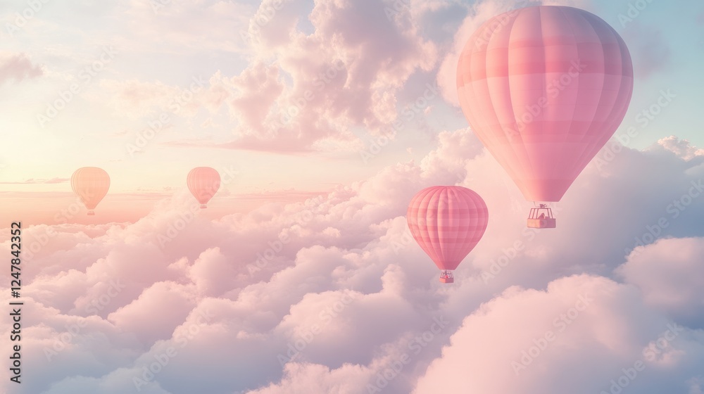 Obraz premium Pink hot air balloons soar above clouds at sunset, travel imagery