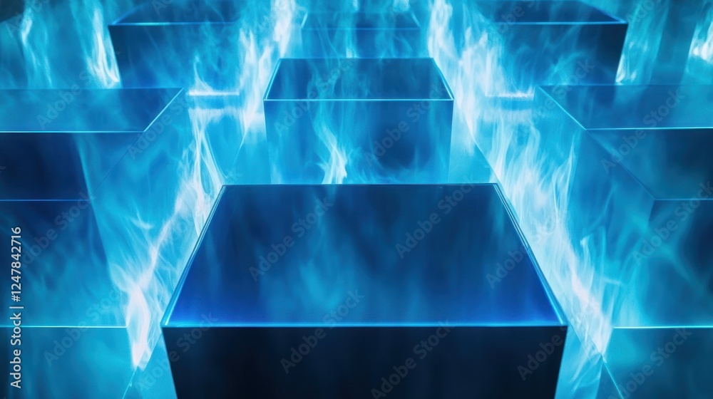 Blue fire engulfing glass cubes, futuristic background, product display Blue fire engulfing glass cubes, futuristic background, product display