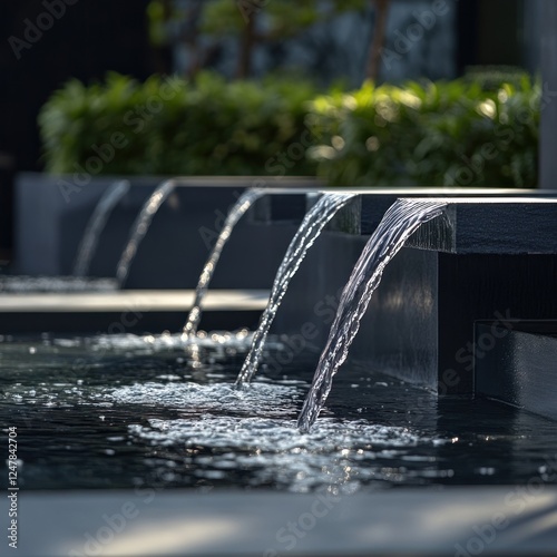 Cascading water feature, garden serenity, dark stone, tranquil background, landscape design photo