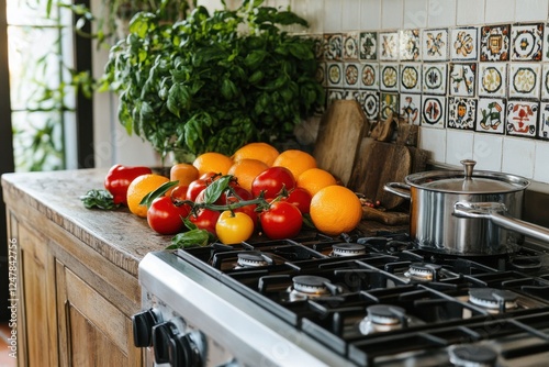 Farm-to-table cooking inspiration Vibrant citrus fruits and fresh vegetables arranged on a rustic wooden kitchen counter, ready for preparation Juicy oranges, ripe tomatoes, and sweet peppers await photo