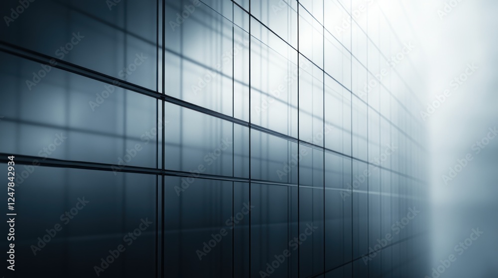 Fototapeta premium Modern glass building facade, city perspective, misty background, corporate design