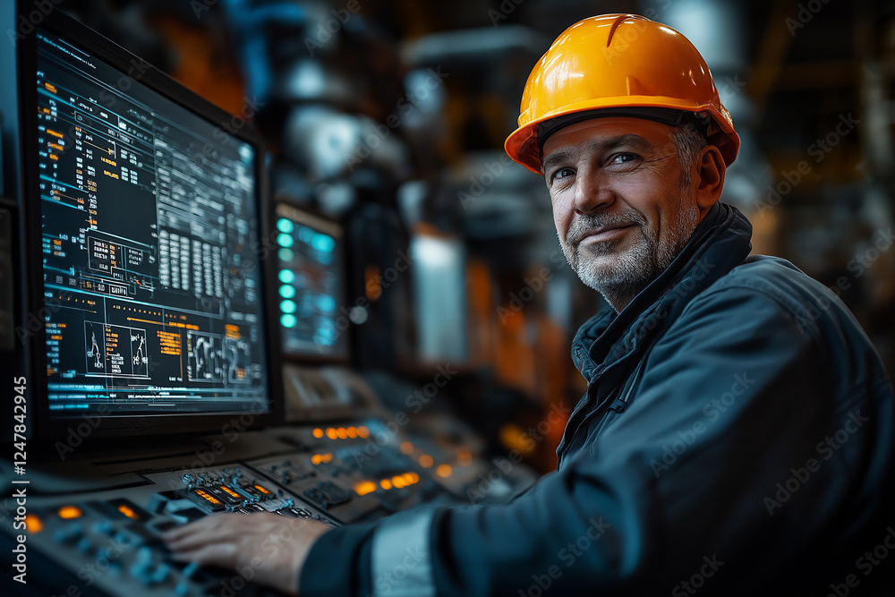 Illustration of a specialist controlling a machine with an electronic display screen, data management and machine analysis, engineer in a hard hat smiling confidently at his computer while working. Illustration of a specialist controlling a machine with an electronic display screen, data management and machine analysis, engineer in a hard hat smiling confidently at his computer while working.
