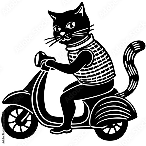 A cat in a helmet is riding a scooter vector art illustration photo