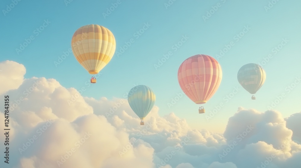 Naklejka premium Colorful hot air balloons soar above fluffy clouds at sunrise, ideal for travel brochures