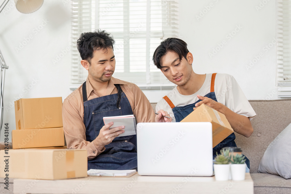 LGBT couple engaging in online sales, reviewing products while packing orders at home LGBT couple engaging in online sales, reviewing products while packing orders at home
