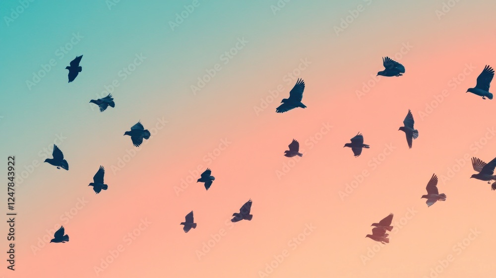 Fototapeta premium Birds flying sunset sky freedom graphic design