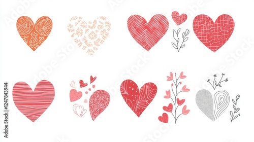 16121056 17 17.A pack of vector hearts in different sizes and shapes, including abstract patterns and layered designs, set against a simple and clean white backdrop.