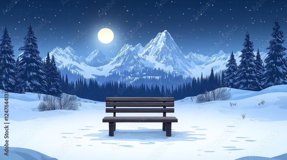 Serene Winter Night Solitude Bench in Snowy Mountain Landscape Under Full Moon