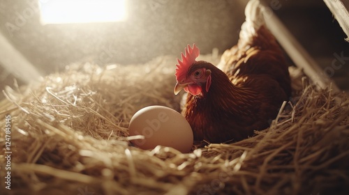 Hen laying egg in barn nest, sunlight photo